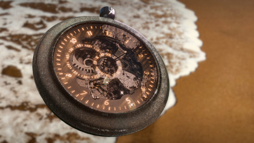 Obraz pokazujący model 3D, zegarek typu cebulka w brązowych odcieniach i ze złotymi odcieniami.