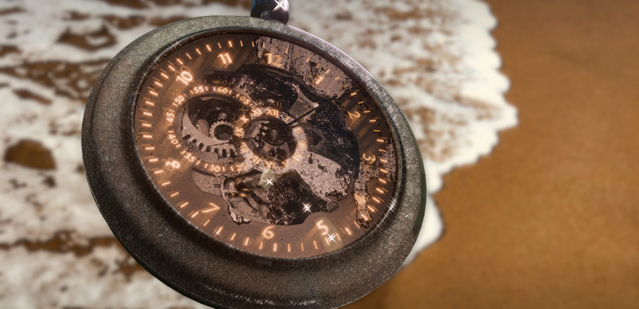 Obraz pokazujący model 3D, zegarek typu cebulka w brązowych odcieniach i ze złotymi odcieniami.