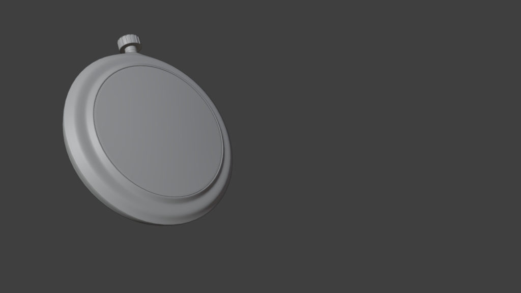 Obraz pokazujący model 3D, zegarek typu cebulka. Obraz modelu widoczny w podglądzie programu Bledner.