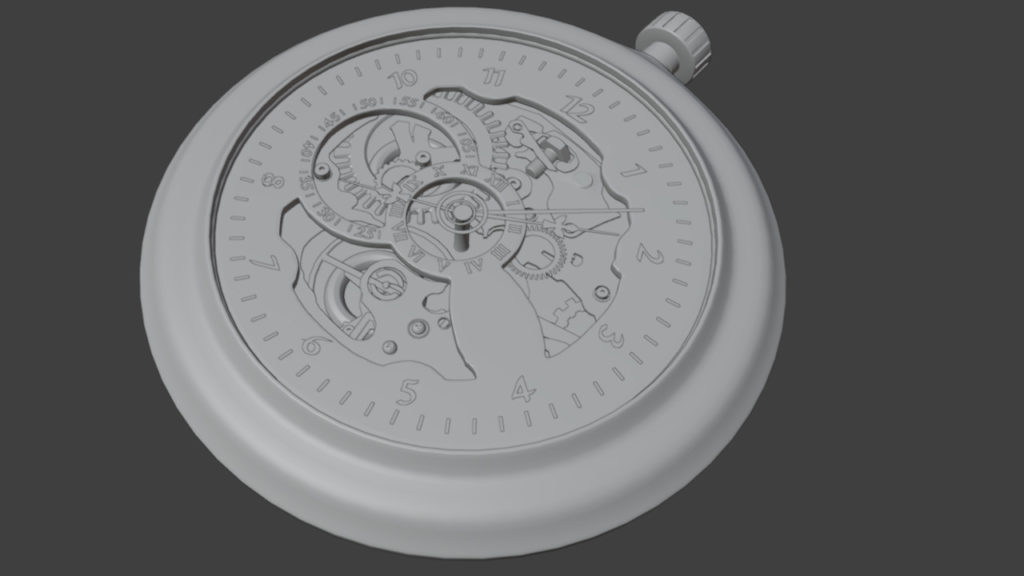 Obraz pokazujący model 3D, zegarek typu cebulka. Obraz modelu widoczny w podglądzie programu Bledner.