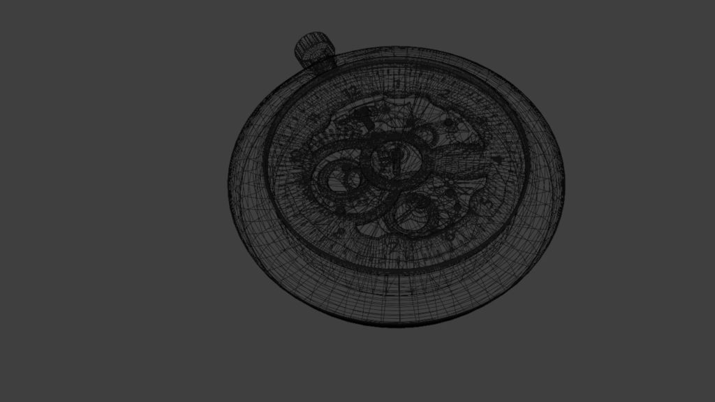 Obraz pokazujący model 3D, zegarek typu cebulka. Obraz modelu widoczny w podglądzie programu Bledner. Widok przeźroczysty.