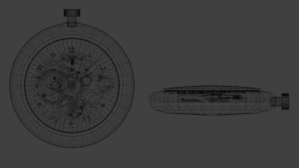 Obraz pokazujący model 3D, zegarek typu cebulka. Obraz modelu widoczny w podglądzie programu Bledner. Widok przeźroczysty.