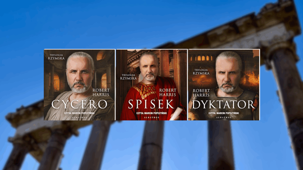Kolaż graficzny ukazujący materiały promocyjne audiobooka Trylogia Rzymska.